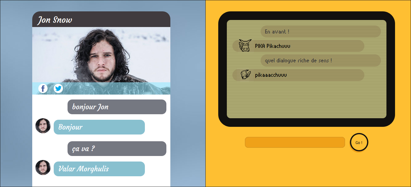 presentation chatbot Jon snow et pikachu